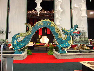 colorful custom trade show entrance with dragon, trade show display